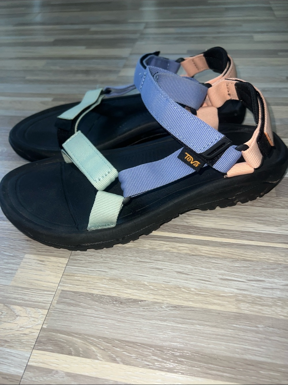 Teva Women's Black Sandal with Pale Green, Lavender & Peach Straps